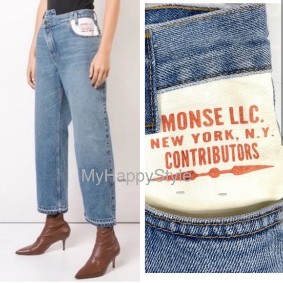 MONSE Straight Leg Asymmetrical Waist Jeans 100% Lamb Leather Trim NEW Size 2 - Picture 1 of 15
